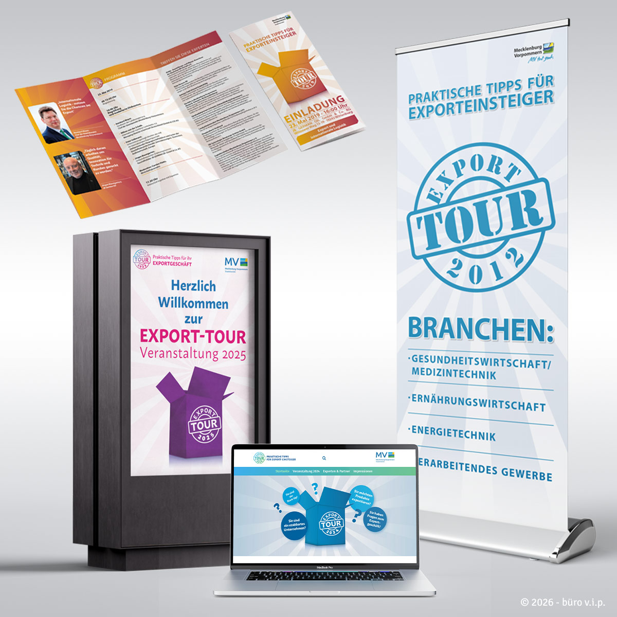 verschiedene Werbematerialien der Export-Tour Veranstaltung