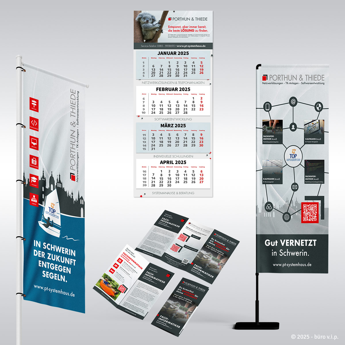 Fahne, Beachflag, Wandkalender und Flyer des IT Dienstleisters Porthun und Thiede